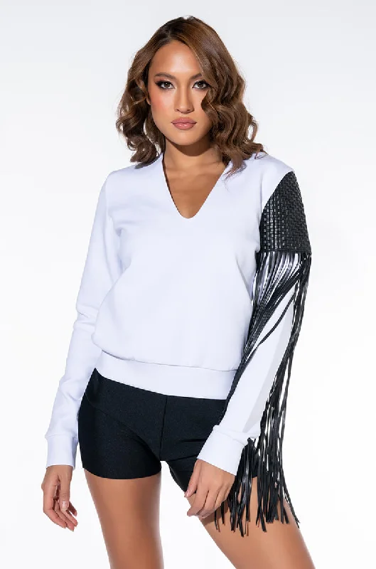 LISTEN UP FRINGE DETAIL SWEATSHIRT Hoodie with Metallic Shiny Futuristic