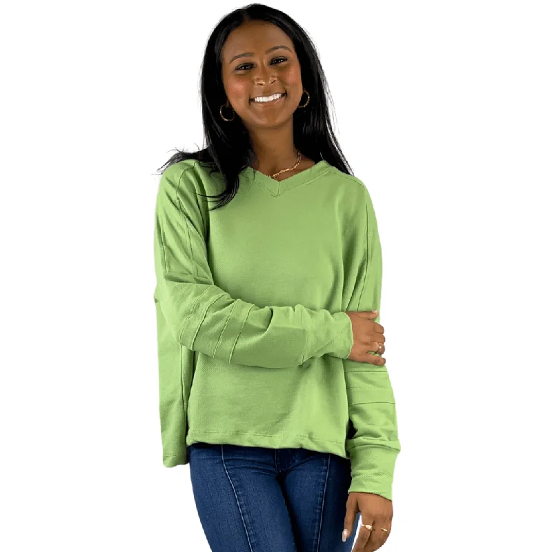 Mint Green V-Neck Cotton Sweatshirt Made in USA Hoodie with Puffed Sleeves Voluminous Trendy