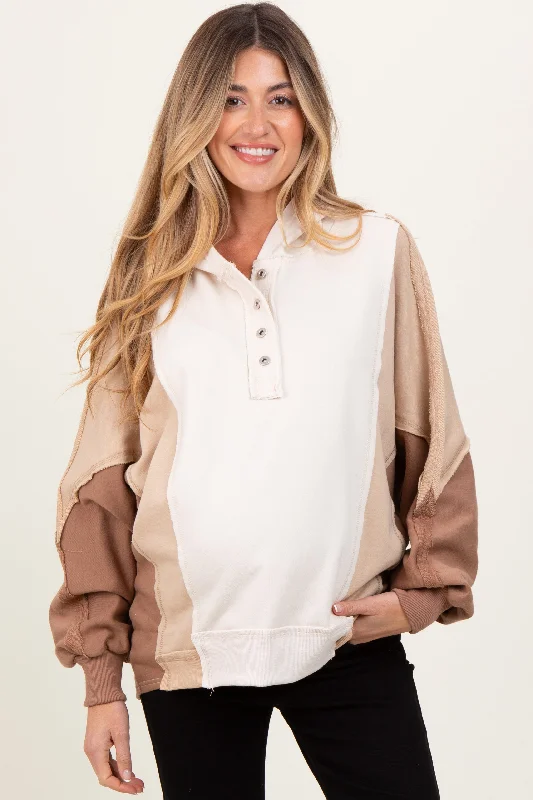 Mocha Colorblock Dolman Sleeve Maternity Hoodie Hoodie with Elastic Waist Stretchable Comfortable