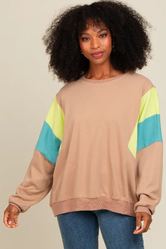 Mocha Colorblock Dolman Sleeve Sweatshirt Hoodie with Rolled Sleeves Casual Relaxed