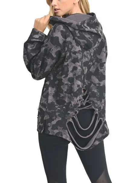 Mono B Camo Print Laser Distressed Hoodie KT10821 Hoodie with Back Slit Movement Comfort