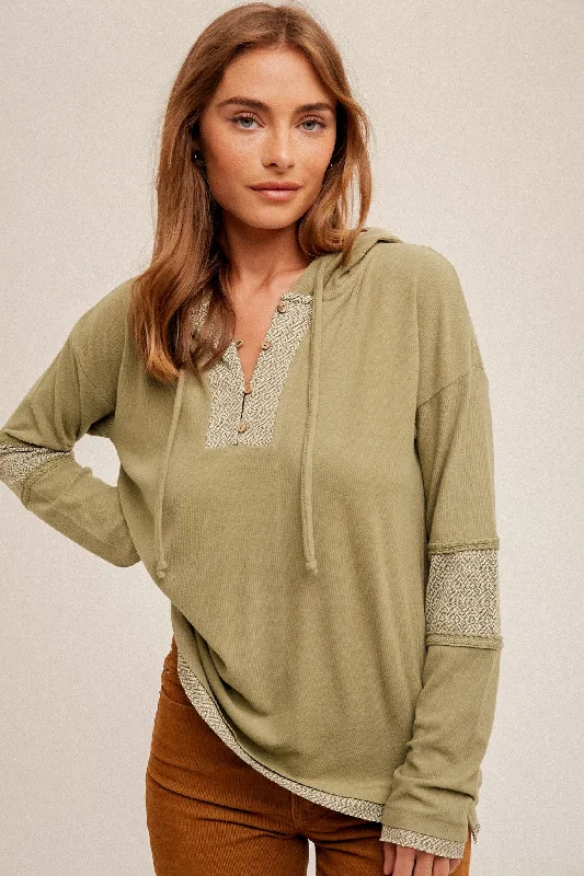 Olive Fabric Mixed Soft Ribbed V Neck Loose Fit Hoodie Hoodie with Applique Textured Unique Olive Fabric Mixed Soft Ribbed V Neck Loose Fit Hoodie Hoodie with Applique Textured Unique