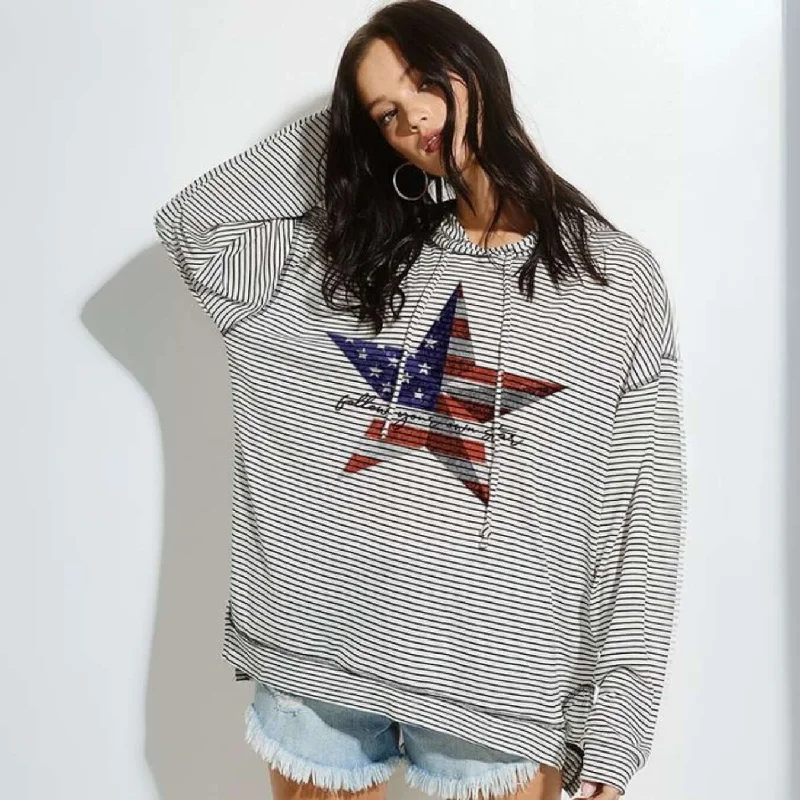 Patriotic Star Graphic Lightweight Hoodie Made in USA Hoodie with Pattern Geometric Abstract