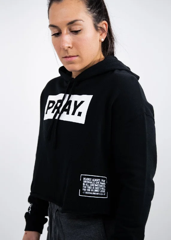 PRAY. Crop Hoodie: Black Hoodie with Frayed Bohemian Relaxed