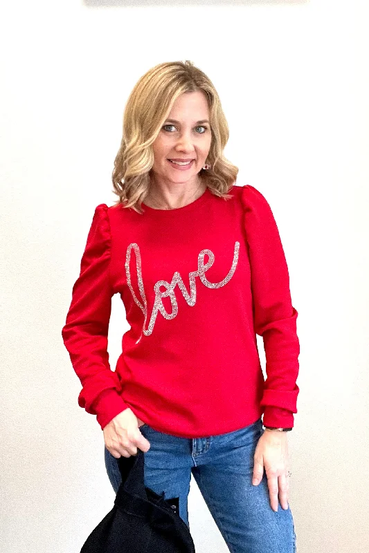 Red Love Sweatshirt Hoodie with Zipper Placket Modern Functional