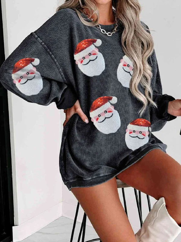 Hazel Blues® | Sequin Santa Patch Ribbed Sweatshirt Hoodie with Longline Fit Extended Stylish Hazel Blues® | Sequin Santa Patch Ribbed Sweatshirt Hoodie with Longline Fit Extended Stylish