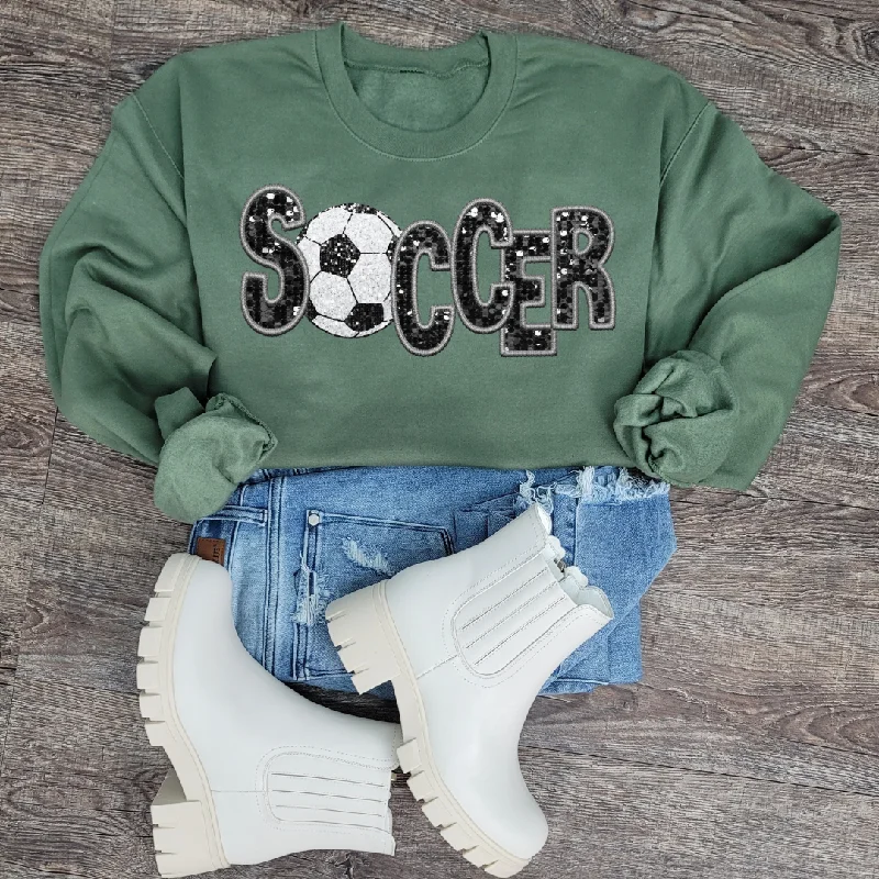 Hazel Blues® | Soccer Faux Chenille Sequin Patches Sweatshirt: Black Hoodie with Back Slit Movement Comfort Hazel Blues® | Soccer Faux Chenille Sequin Patches Sweatshirt: Black Hoodie with Back Slit Movement Comfort