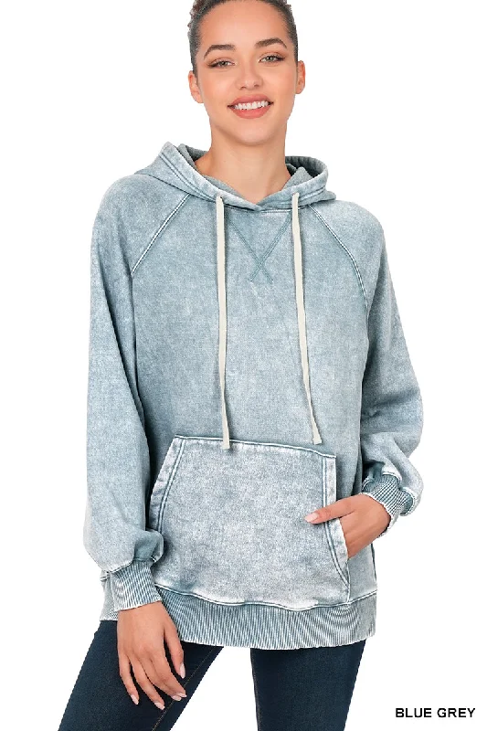 Zenana Mineral Washed Hooded Sweatshirt OTW-4551 Hoodie with Hem Ribbing Snug Secure