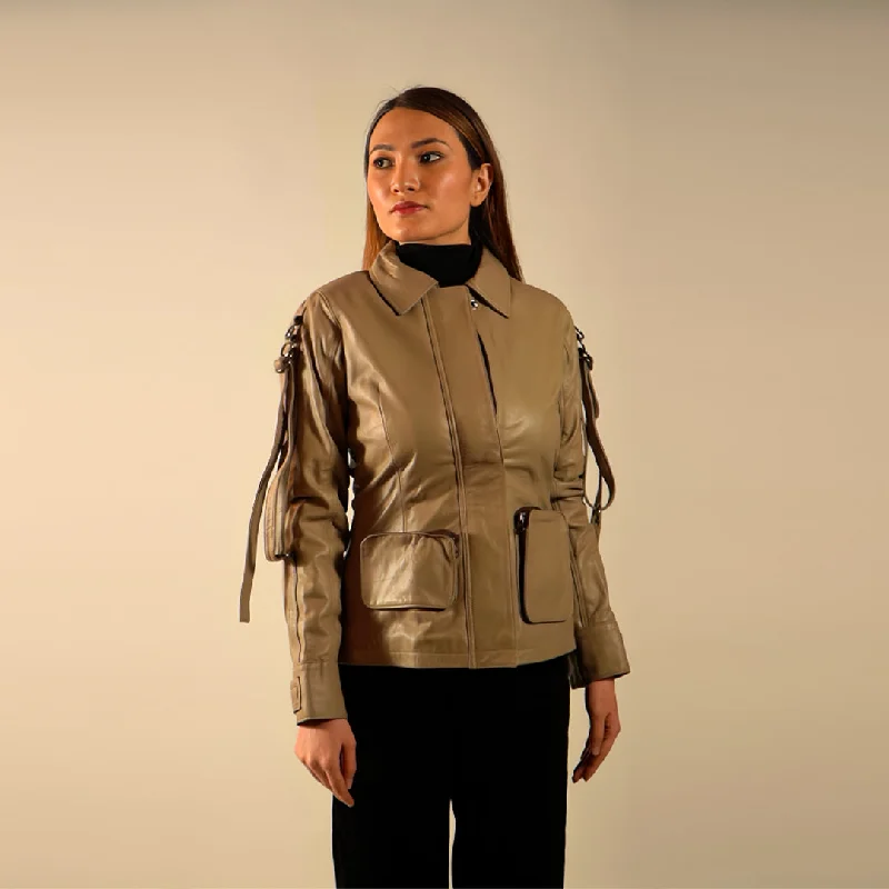 90 Feet Asha Loop Beige Leather Blazer Jacket for Women Nylon Jacket Polyester Jacket Spandex Jacket