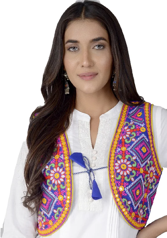 Cotton Kutchi Embroidered Short Jacket/Koti/Shrug (CJK-04) -Blue Snapped Jacket Toggled Jacket Drawstring Jacket