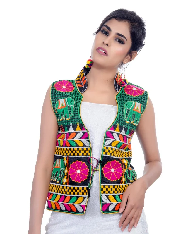 Dupion Silk Kutchi Embroidered Waist Length Jacket/Koti/Shrug (Haathi) - MJK-HTH01 Fleece Jacket Down Jacket Parka