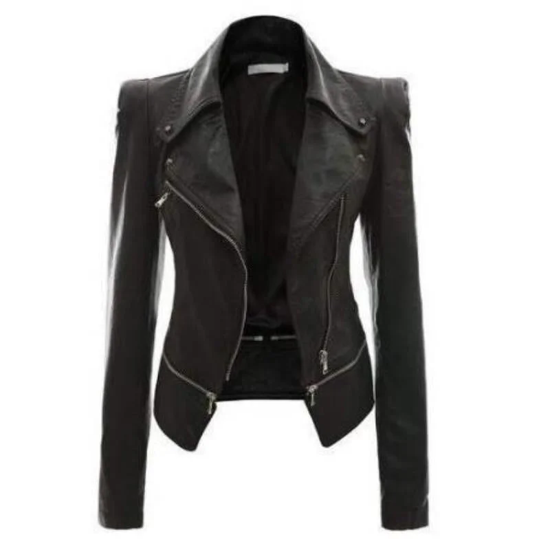 Women'S Slim-Fit Motorcycle Leather Jacket With Zipper Two-Wear Leather Jacket Cotton Jacket Linen Jacket Terry Jacket