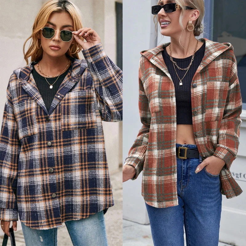 Loose Casual Long-sleeved Single-breasted Check Hooded Jacket Front Pockets Side Pockets Patch Pockets