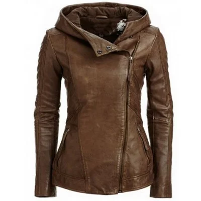 Fashion Hooded Long Sleeve Leather Jacket Zip Front Button Front Snap Front