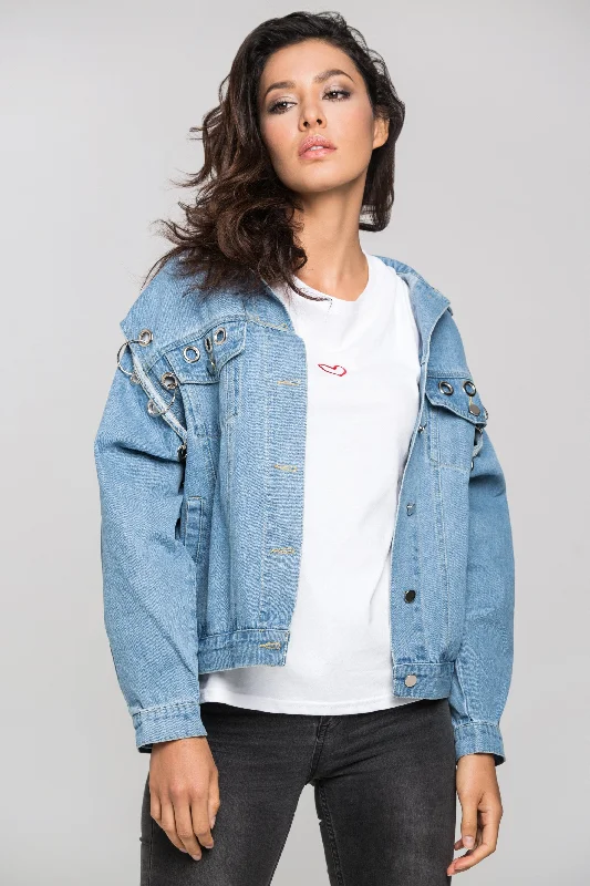 Denim Ring and Hoop Distressed Jacket Notch Collar Peter Pan Collar Cowl Neck