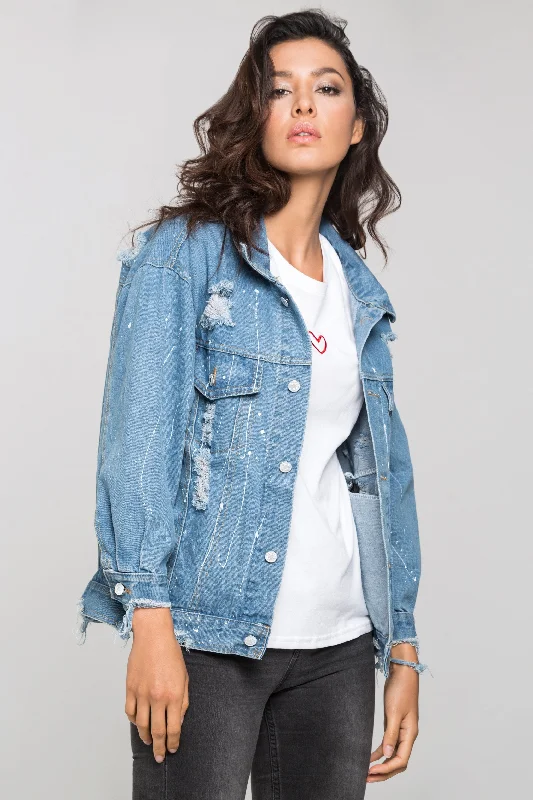 Distressed Denim Splashed Jacket Stand-Up Collar Roll-Neck Collar Turtle Neck