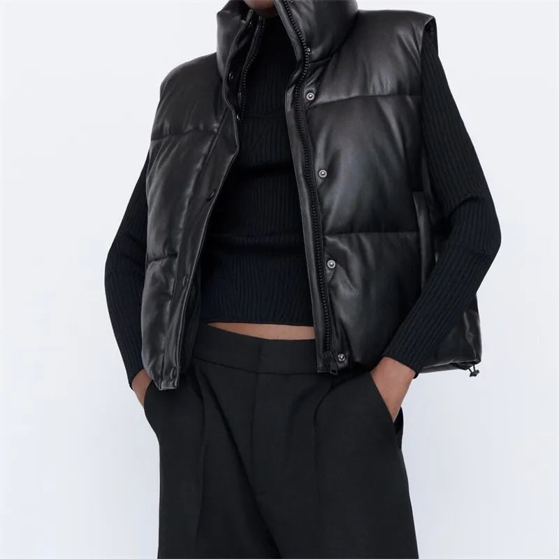 Fashion Streetwear Women Puffy Vest, Winter Thick Parkas Jacket, Black PU Female Coats, Faux Leather Down Waistcoat, Loose Lady Vest, Streetwear Fashion, Winter Outerwear Tiered Jacket Buttoned Jacket Zippered Jacket