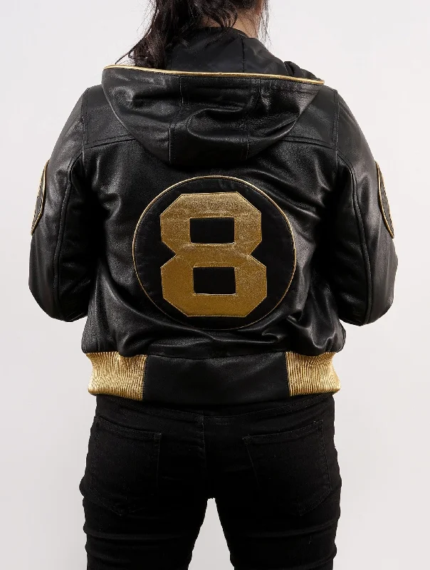 Handmade 8 Ball David Puddy Inspired Black and Golden Bomber Leather Jacket Faux Fur Fabric Real Fur Fabric Shearling Fabric