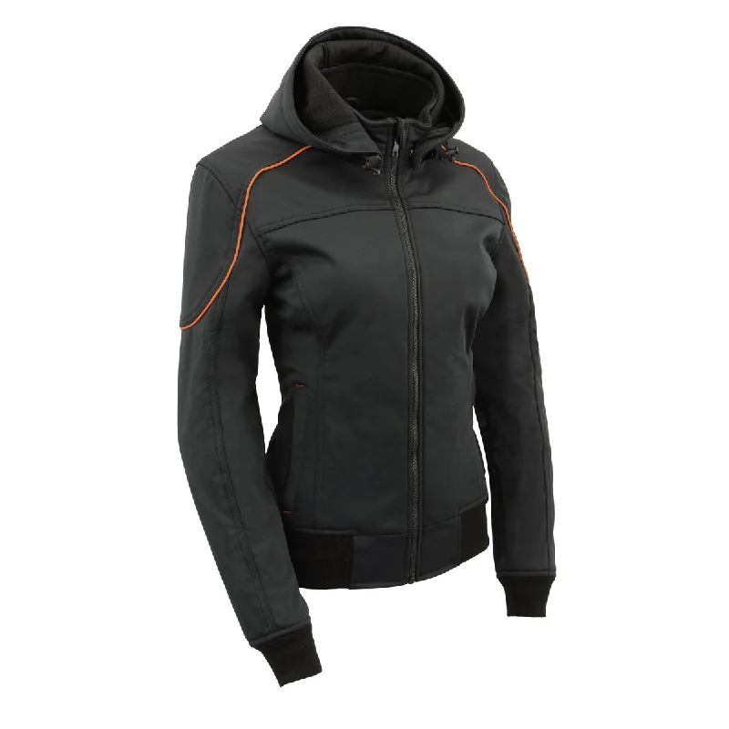 Milwaukee Leather MPL2764 Women's Black Soft Shell Armored Motorcycle Racing Style Jacket with Hoodie Zippered Jacket Buttoned Jacket Snapped Jacket