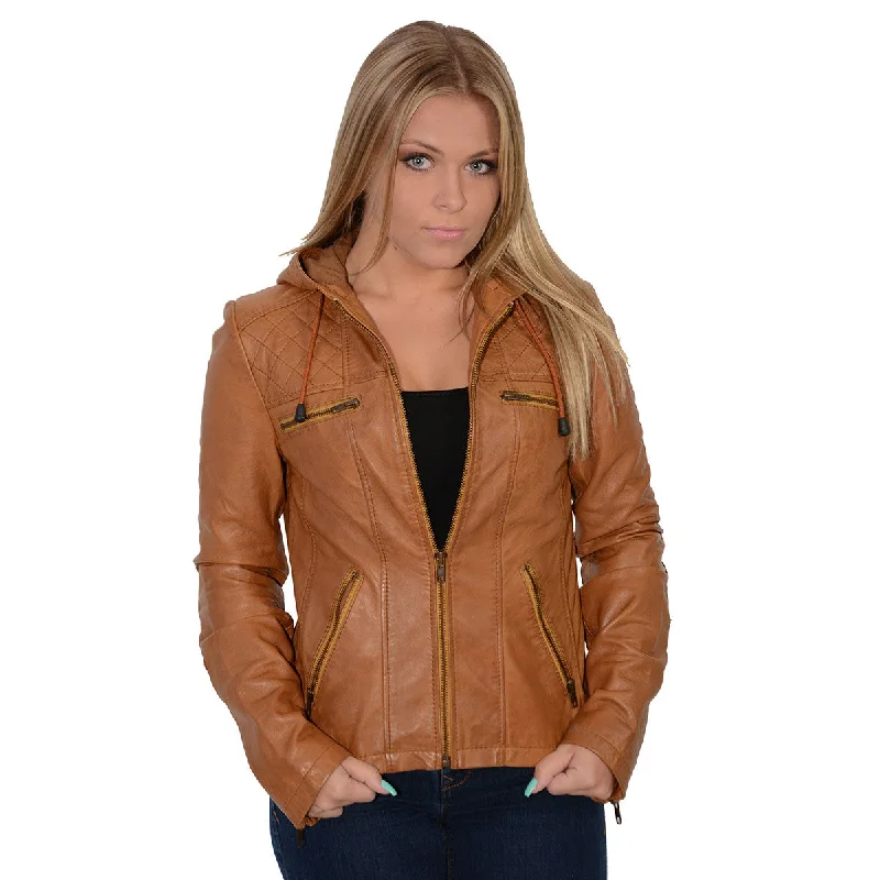 Milwaukee Leather SFL2810 Women's Cognac Scuba Style Fashion Leather Jacket with Drawstring and Hoodie Belted Jacket Elasticated Jacket Padded Jacket