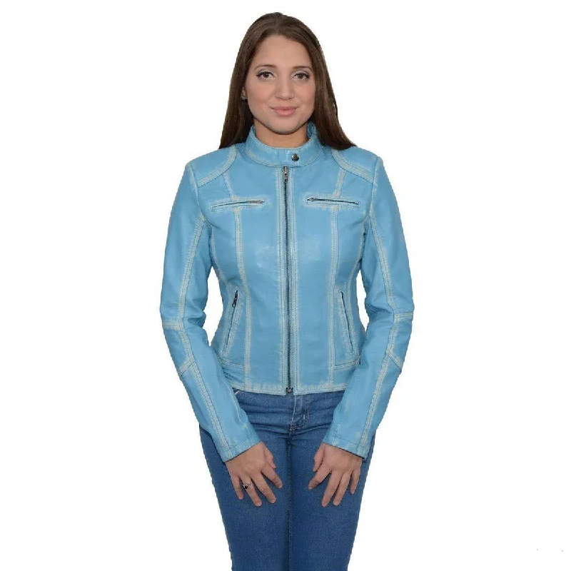 Milwaukee Leather SFL2830 Women's Aqua Scuba Style Sheepskin Fashion Leather Jacket Stand-Up Collar Roll-Neck Collar Turtle Neck