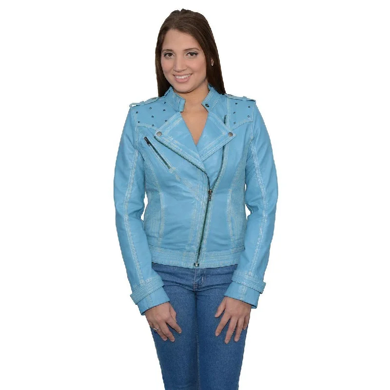 Milwaukee Leather Women's Maiden Aqua Premium Sheepskin Motorcycle Fashion Leather Jacket with Studs SFL2840 Collared Jacket Crew Neck Jacket Turtle Neck Jacket