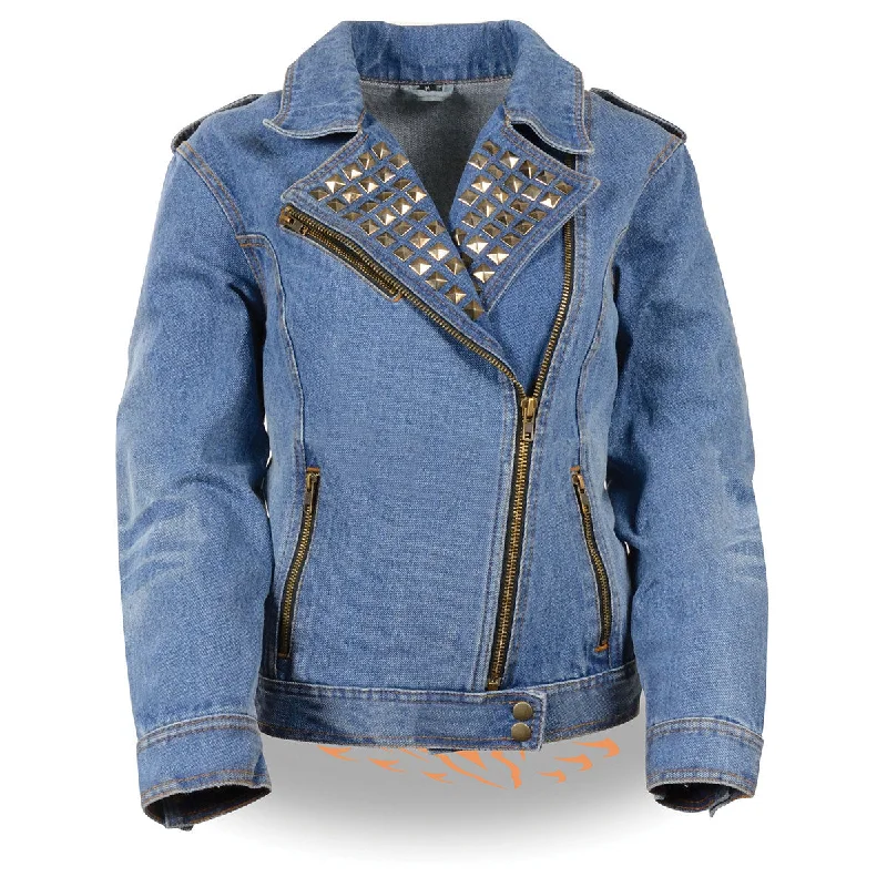 Milwaukee Leather MDL2000 Women's Blue Denim Jacket with Studded Spikes Satin Jacket Silk Jacket Chiffon Jacket