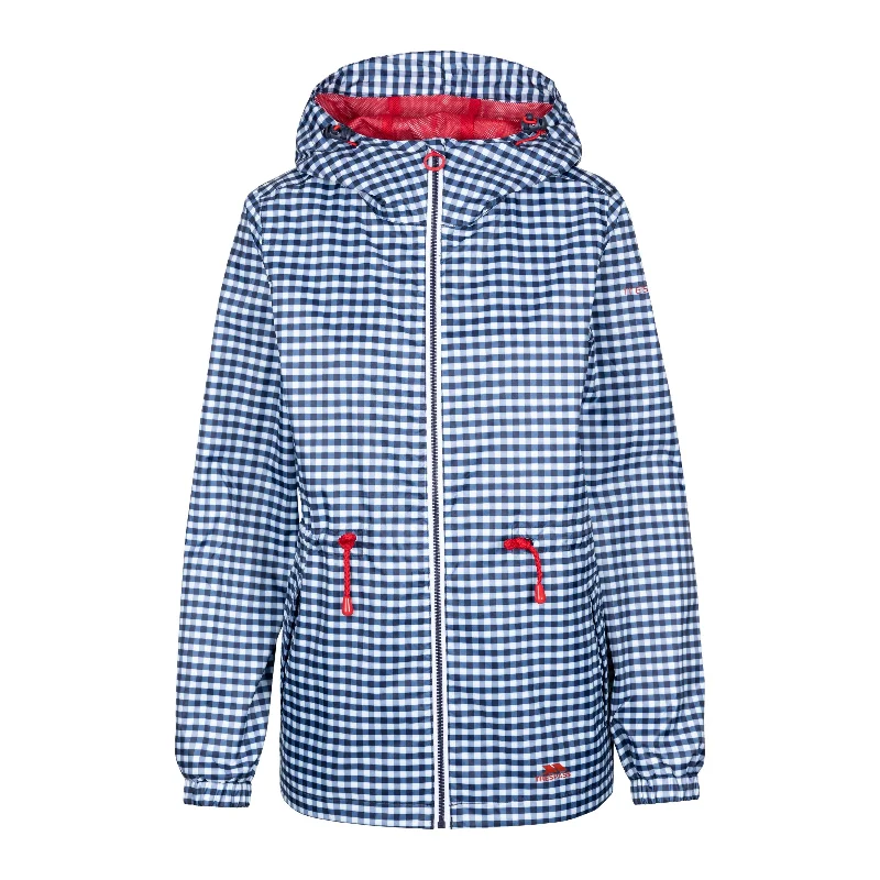 Niggle Unpadded Women's Packaway Waterproof Jacket in Navy Gingham Zip Front Button Front Snap Front Niggle Unpadded Women's Packaway Waterproof Jacket in Navy Gingham Zip Front Button Front Snap Front
