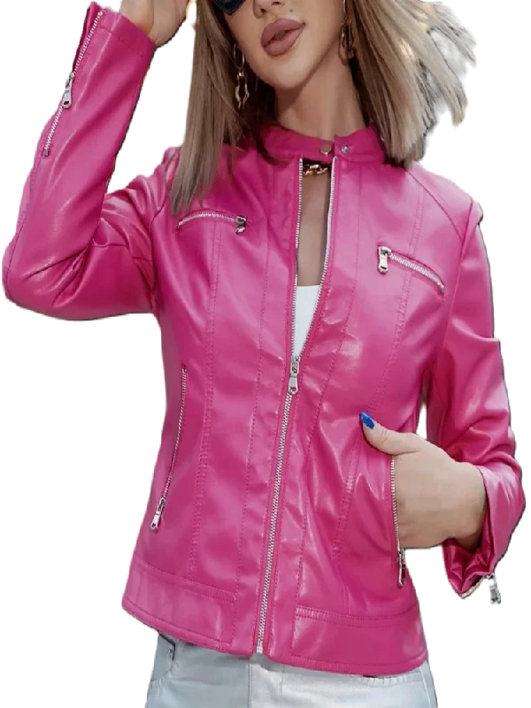 PU Leather Motorcycle Jacket 2024 Women's Fashion Trend Analog Collar Zip Up Jacket For Women Hot Pink Black Brown Autumn Coat Welt Pockets Slit Pockets Flap Pockets