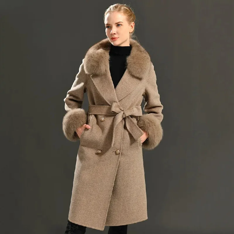 Real Fur Collar Woolen Adjustable Waist Slim Long Women's Overcoat Jacket Cotton Jacket Linen Jacket Terry Jacket