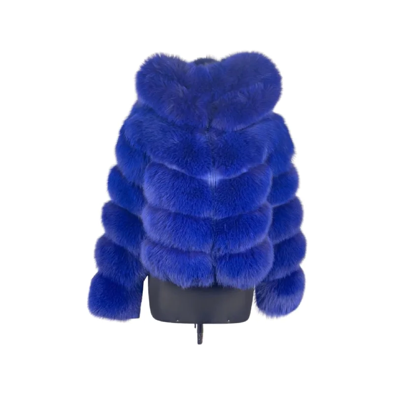 Royal Blue 3 in 1 Women Fox Fur Jacket with detachable sleeves and hood Stand-Up Collar Roll-Neck Collar Turtle Neck Royal Blue 3 in 1 Women Fox Fur Jacket with detachable sleeves and hood Stand-Up Collar Roll-Neck Collar Turtle Neck