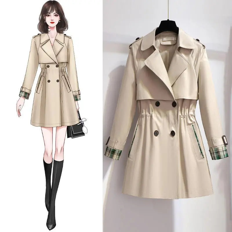 Spring and Autumn Fashion Women's Mid-length Trench Coat with Double-Breasted Design, Lining, and Drawstring Waist, Formal Jacket for Females Faux Fur Jacket Real Fur Jacket Shearling Jacket