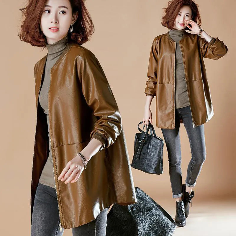 Spring and Autumn Women's Mid-Length PU Leather Jacket Baseball Uniform, Loose and Slimming, Commute Style Faux Leather Trench Coat Tailored Jacket Straight Jacket A-Line Jacket