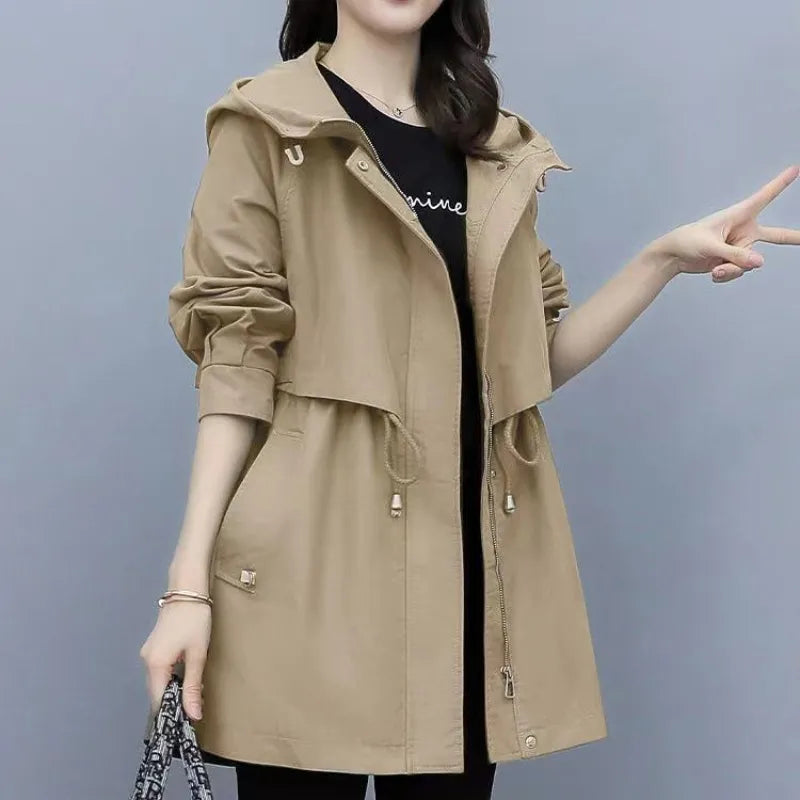 Spring and Autumn Women's Mid-length Trench Coat Hooded Zipper, British Style Loose Coats. Women's Clothing with Tie-In Jackets Welt Pockets Slit Pockets Flap Pockets