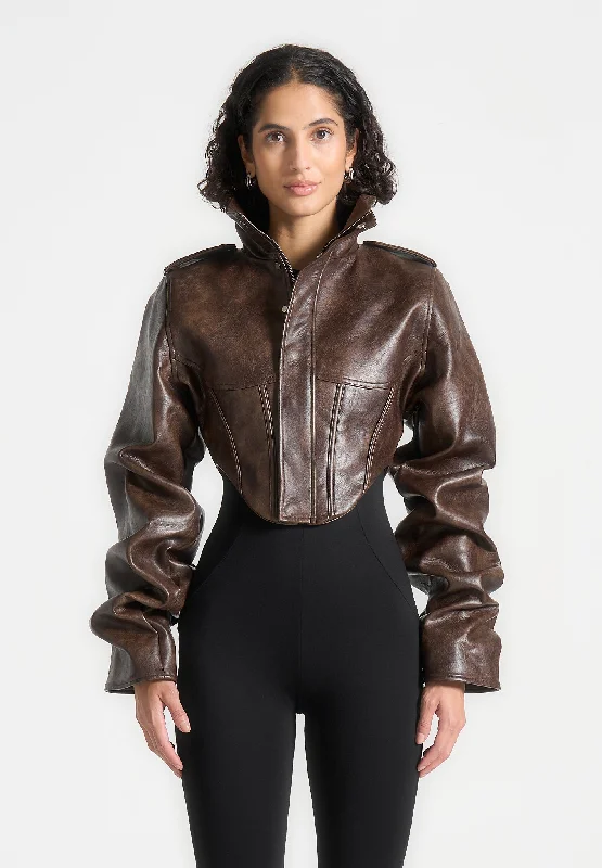 Vintage Leather Tacked Sleeve Corset Jacket - Brown One-Shoulder Jacket Off-the-Shoulder Jacket Asymmetrical Jacket Vintage Leather Tacked Sleeve Corset Jacket - Brown One-Shoulder Jacket Off-the-Shoulder Jacket Asymmetrical Jacket