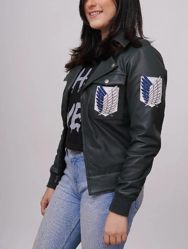 Women Inspired Green Leather Jacket Denim Fabric Leather Fabric Suede Fabric