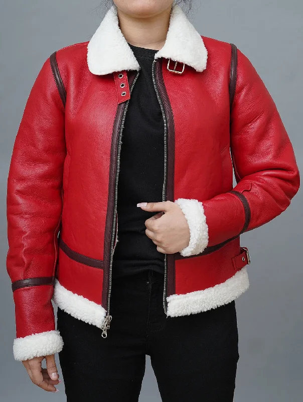 Womens Bomber Style Faux Shearling Red Leather Jacket | Christmas Outfit Stand-Up Collar Roll-Neck Collar Turtle Neck