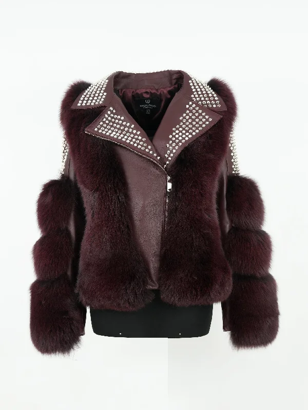 Women's BURGUNDY  Fox Fur Biker Jacket Style # F-80 BURGUNDY One-Shoulder Jacket Off-the-Shoulder Jacket Asymmetrical Jacket