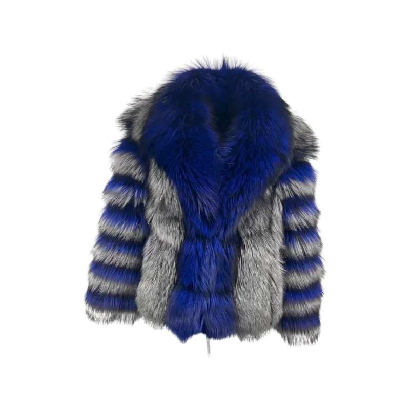 Women's Dyed Royal Blue Silver Fox Jacket Style # 6015 Denim Fabric Leather Fabric Suede Fabric Women's Dyed Royal Blue Silver Fox Jacket Style # 6015 Denim Fabric Leather Fabric Suede Fabric