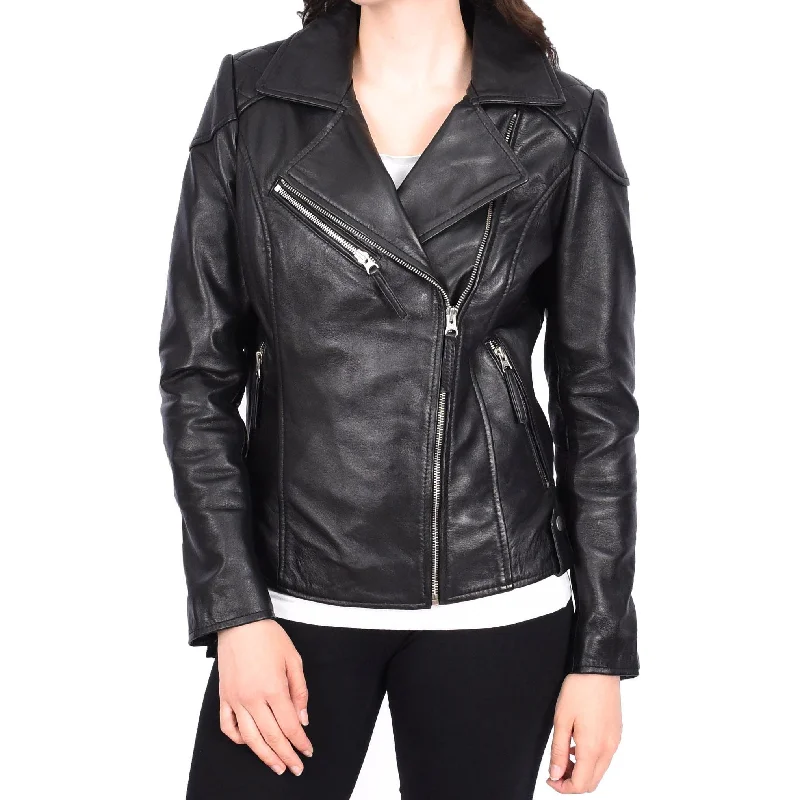 Womens Leather Biker Jacket Cross Zip Style Mona Black Hooded Jacket Caped Jacket Shawl Collar Jacket