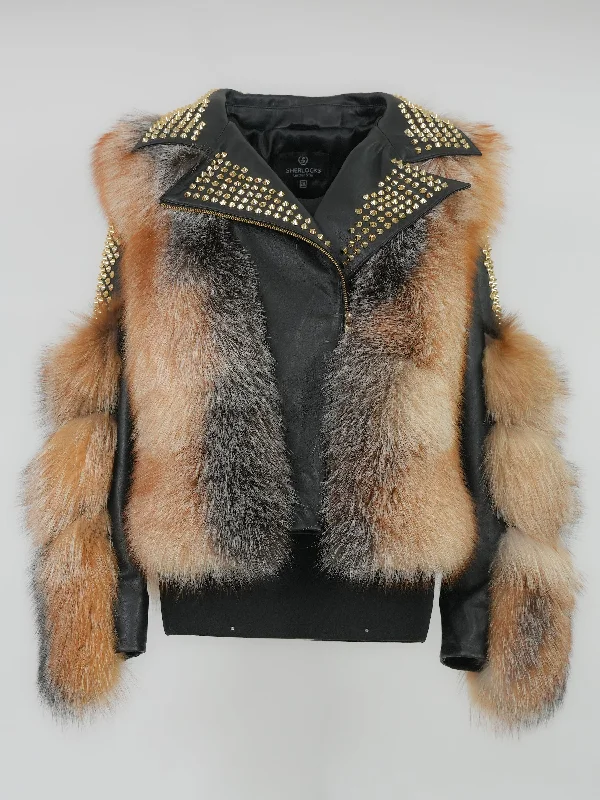 Women's OTOBAN  Fox Fur Biker Jacket Style # F-80 OTOBAN Welt Pockets Slit Pockets Flap Pockets