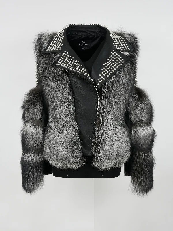 Women's Silver Fox Fur Biker Jacket Style # F-80 Silver Fox Denim Fabric Leather Fabric Suede Fabric