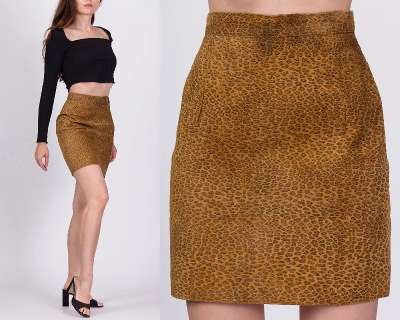 90s Leopard Print Suede Mini Skirt - Petite Extra Small, 23" wrap skirt elegant