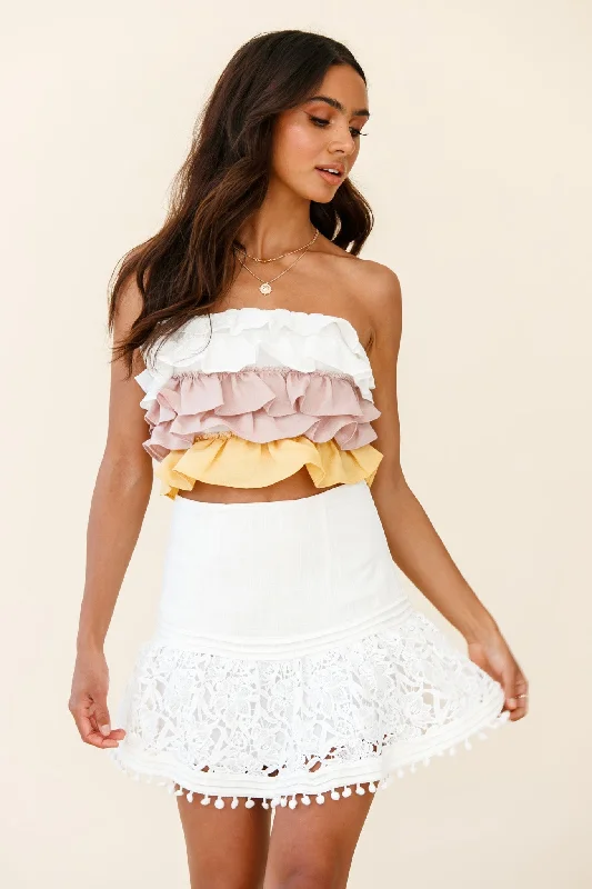 Adrielle Lace Detail Fluted Hem Mini Skirt White a-line skirt cut