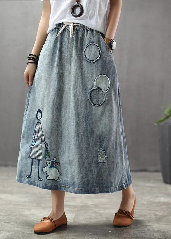 Casual Light Blue Elastic Waist Patchwork Cartoon Embroideried Tulle Denim Skirts Spring denim skirt stylish