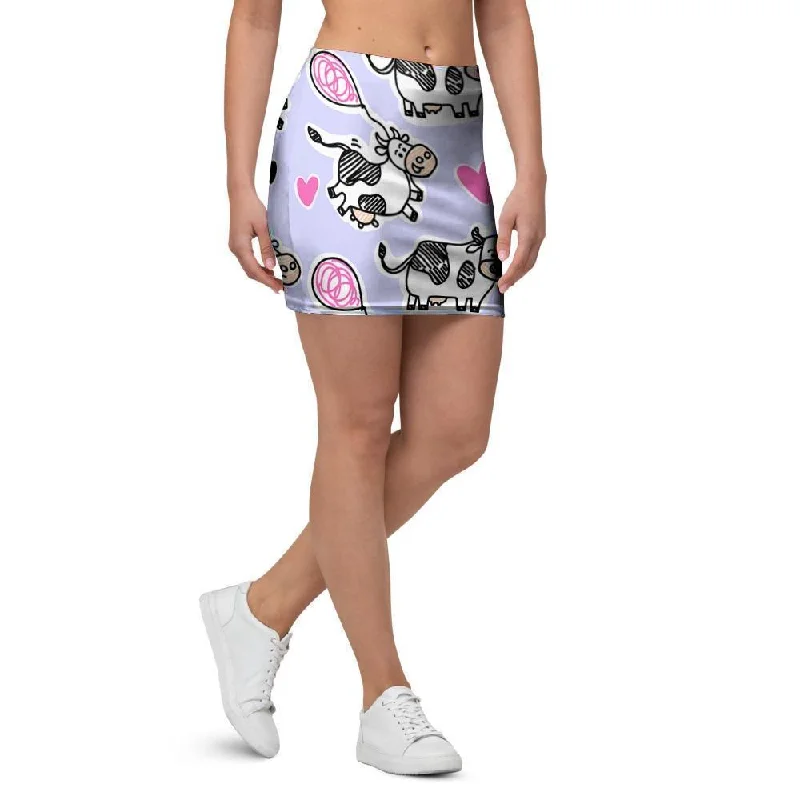 Cow Doodle Print Mini Skirt wool skirt warm