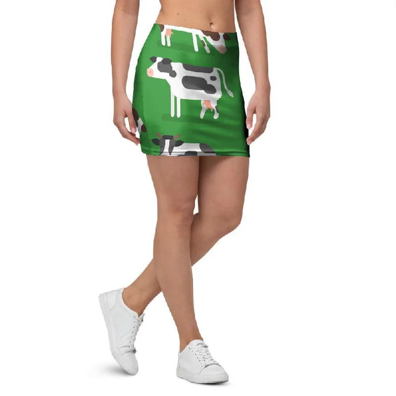 Cow In Green Grass Print Mini Skirt tiered skirt playful