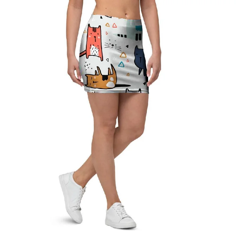 Cute Cartoon Doodle Cat Print Mini Skirt chiffon skirt airy