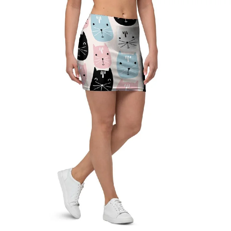 Cute Cat Face Print Mini Skirt tiered skirt playful