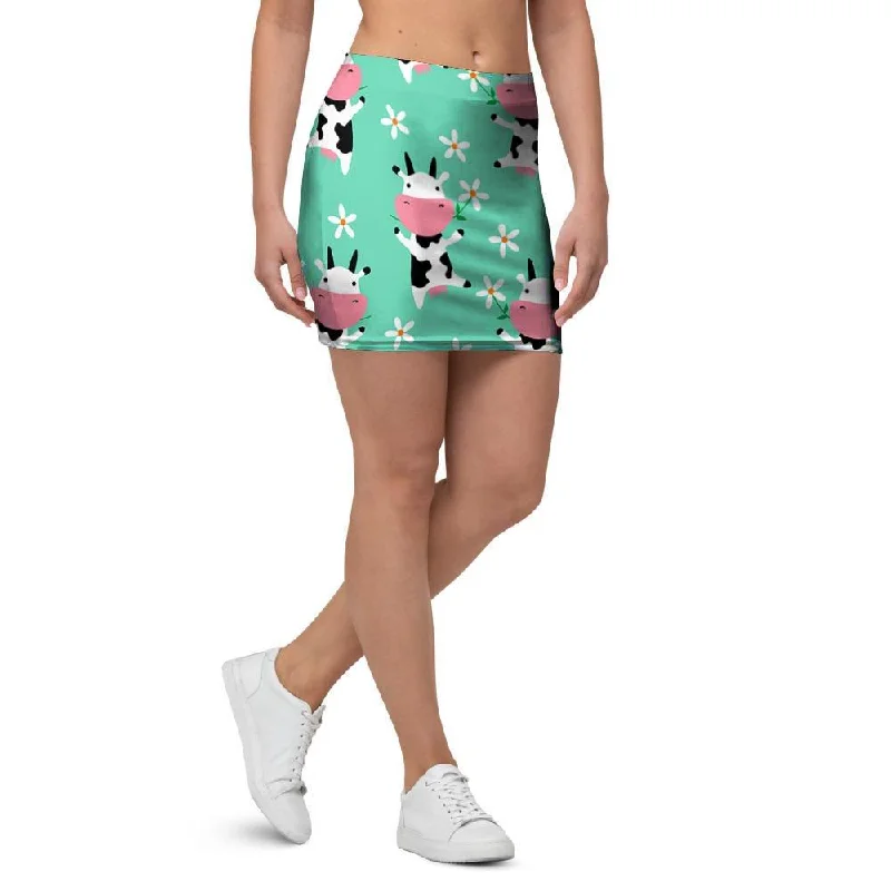 Cute Cow Floral Print Mini Skirt denim skirt casual